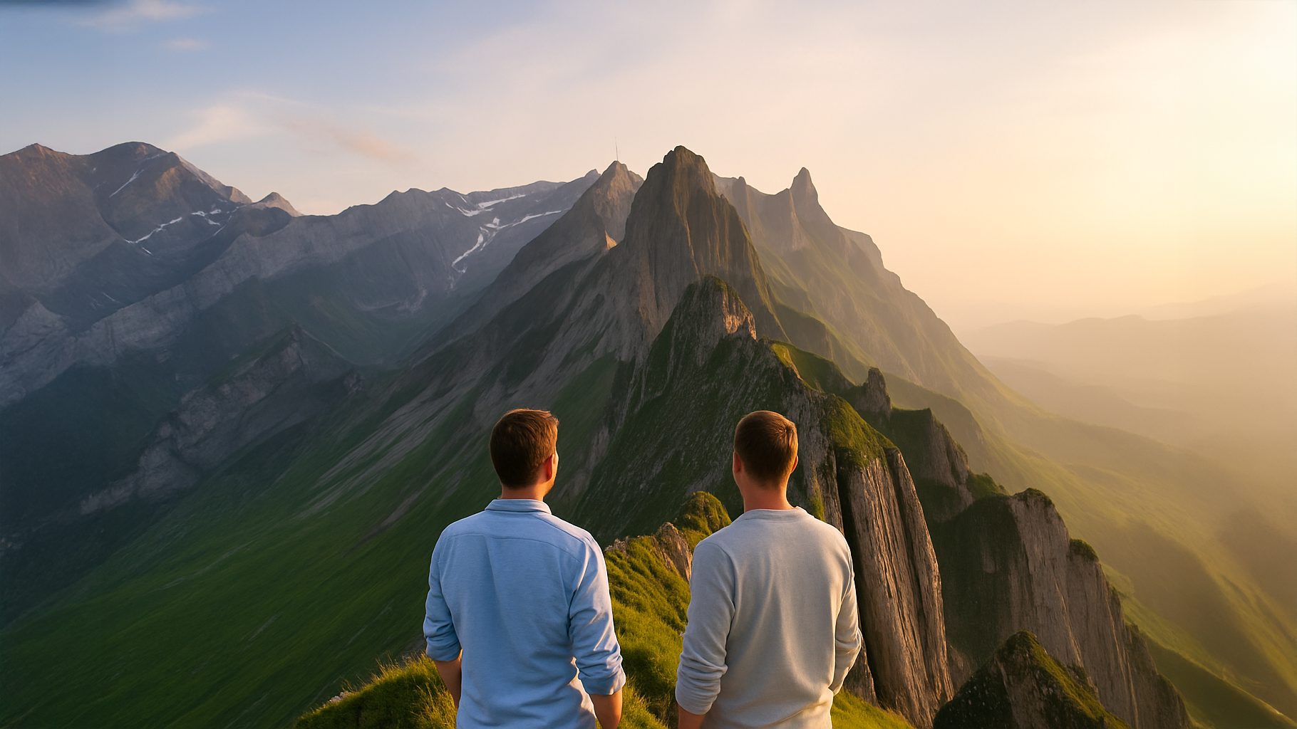 Two people overlooking a dramatic mountain range at sunrise