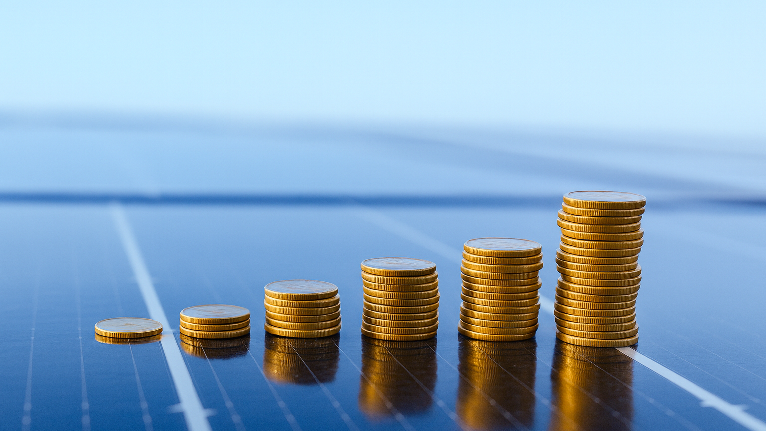 Stack of coins on a solar panel symbolizing the profitability of solar energy.